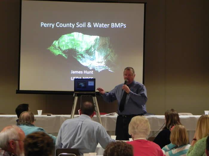 James Hunt, NRCS district conservationist, discussed the agricultural community's role in the grotto sculpin community plan and how best management practices help protect the karst environment.